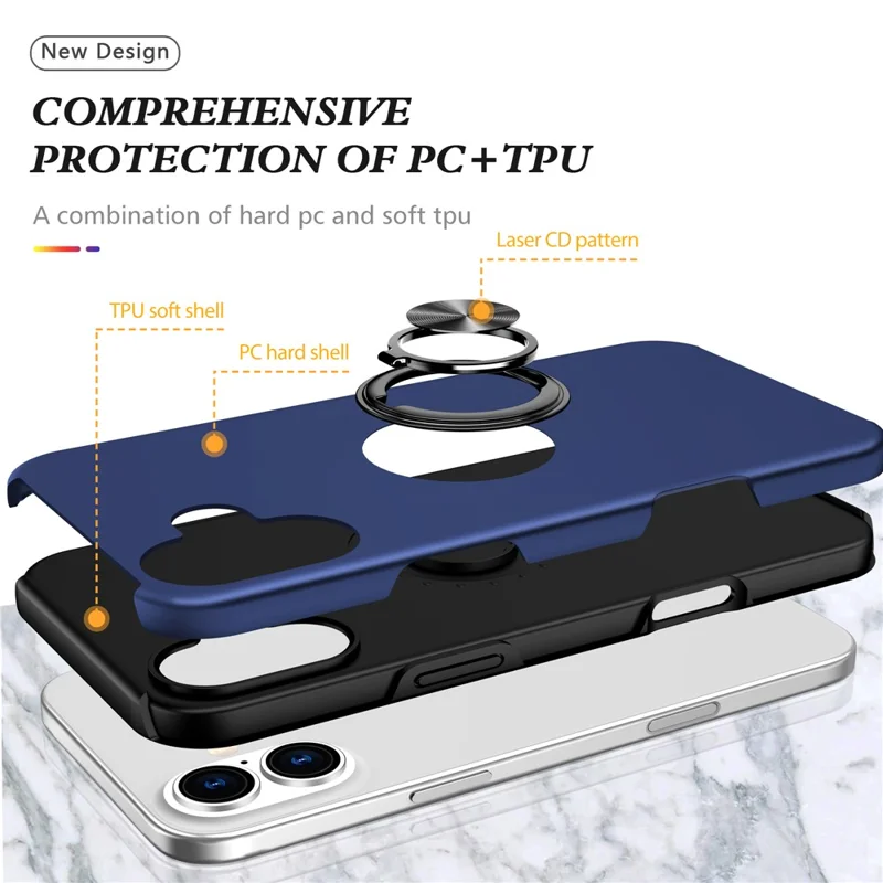 Coque pour iPhone 17 en PC + TPU avec Support de Bague Rotative - Bleu