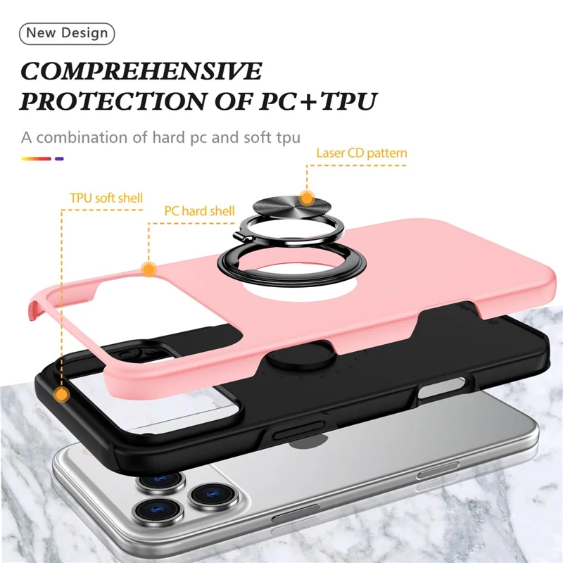 For iPhone 17 Pro Case PC + TPU Phone Cover with Rotatable Ring Holder - Rose Gold
