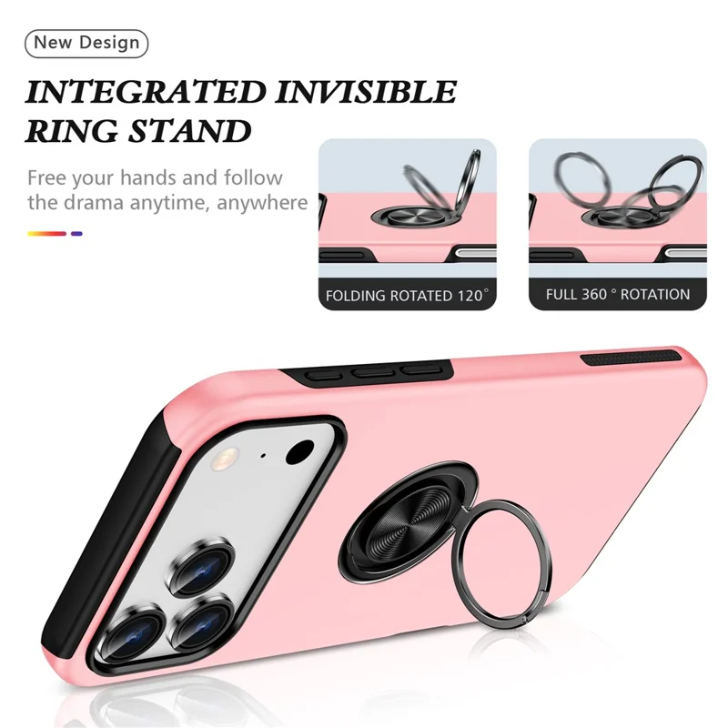 For iPhone 17 Pro Case PC + TPU Phone Cover with Rotatable Ring Holder - Rose Gold