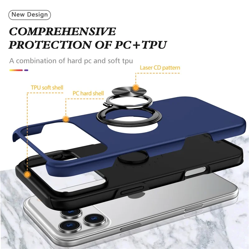 Étui pour iPhone 17 Pro Max en PC + TPU avec Support de Bague Rotatif - Bleu