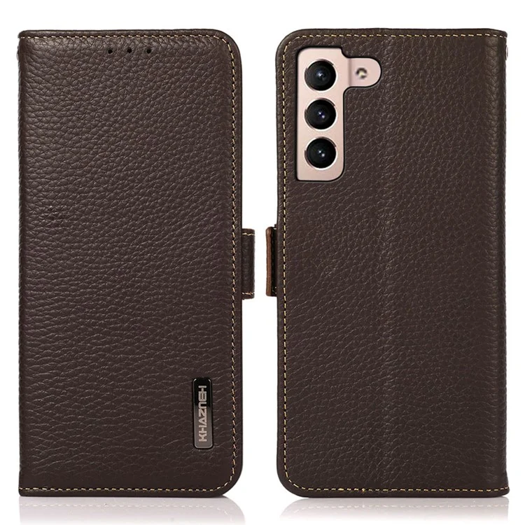 KHAZNEH для Samsung Galaxy S23 Litchi Texture Genuine Leather Dual Magnetic Clasp Flip Stand Cover RFID Blocking Phone Wallet Case - Brown