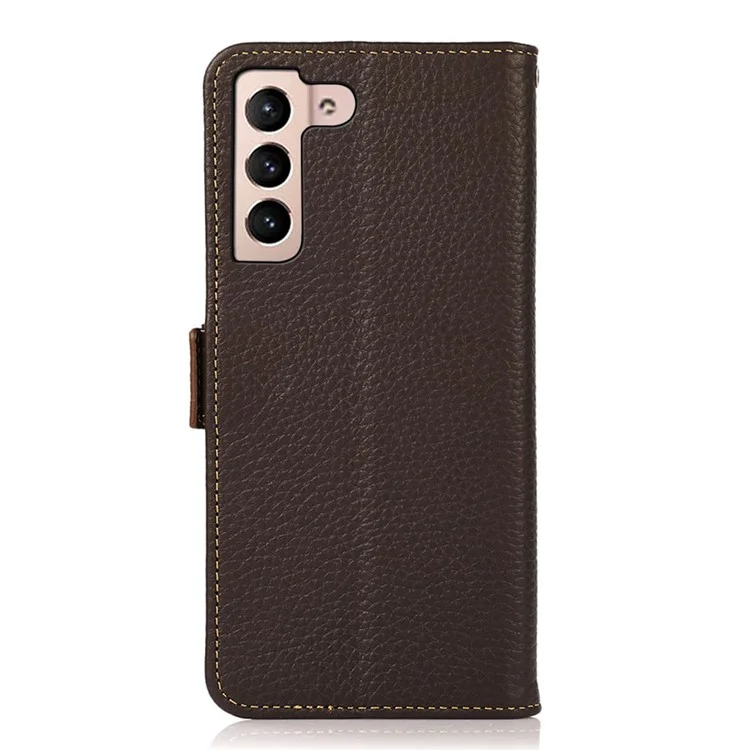 KHAZNEH для Samsung Galaxy S23 Litchi Texture Genuine Leather Dual Magnetic Clasp Flip Stand Cover RFID Blocking Phone Wallet Case - Brown
