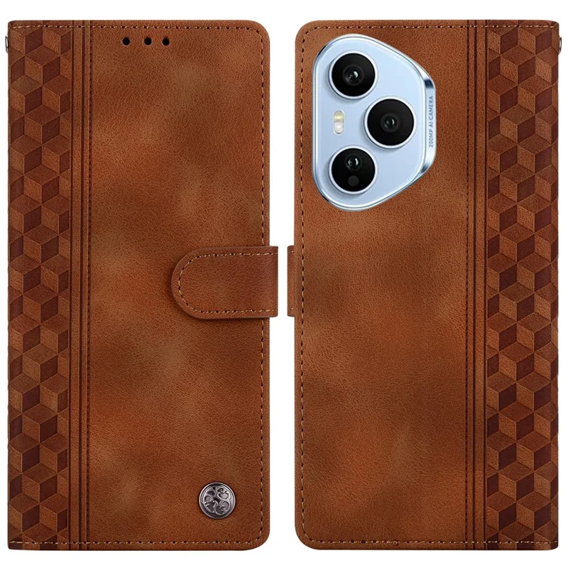 For Honor 400 Pro 5G (Global) Leather Case Imprinted Checkered Pattern Wallet Stand Flip Phone Cover - Brown