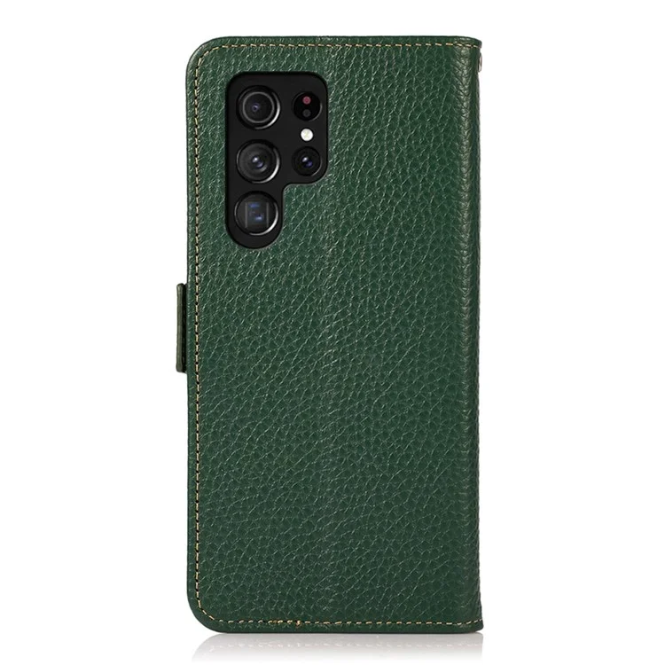 KHAZNEH pour Samsung Galaxy S23 Ultra Housse de portefeuille à double fermeture magnétique RFID Blocage Texture de litchi Véritable cuir Pliable Support Anti-chute - Vert