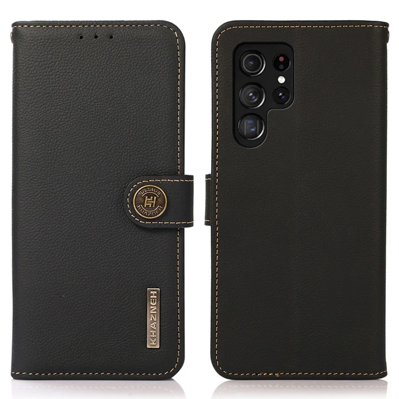 KHAZNEH для Samsung Galaxy S23 Ultra Genuine Leather RFID Blocking Wallet Cover Foldable Stand Full Protection Case - Black