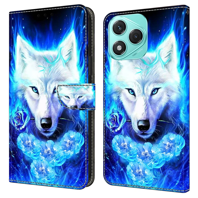 Cover a portafoglio in pelle per For Honor 400 Lite 5G con stampa a motivi, supporto e chiusura a libro - Lupo Bianco