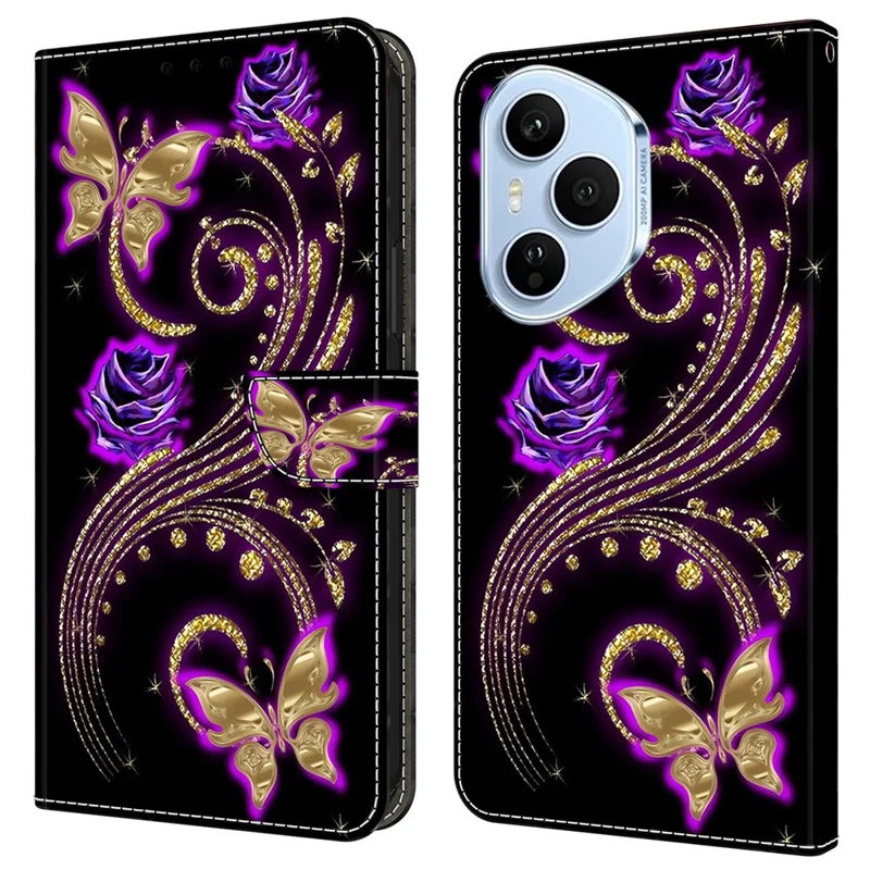 For Honor 400 Pro 5G (Global) Case 3D Pattern PU Leather Wallet Phone Cover with Stand - Purple Flowers  /  Butterflies