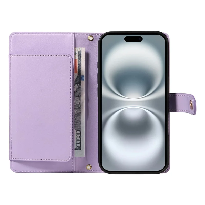 For iPhone 16 Wallet Case with Straps, Rhombus Leather Stand Phone Cover - Purple