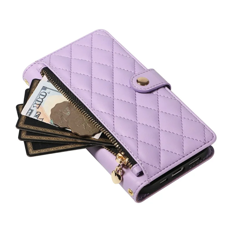 For iPhone 16 Wallet Case with Straps, Rhombus Leather Stand Phone Cover - Purple