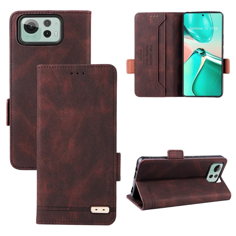 For Asus Zenfone 12 Ultra 5G Case Leather Wallet Flip Phone Cover with Hardware Decor - Coffee