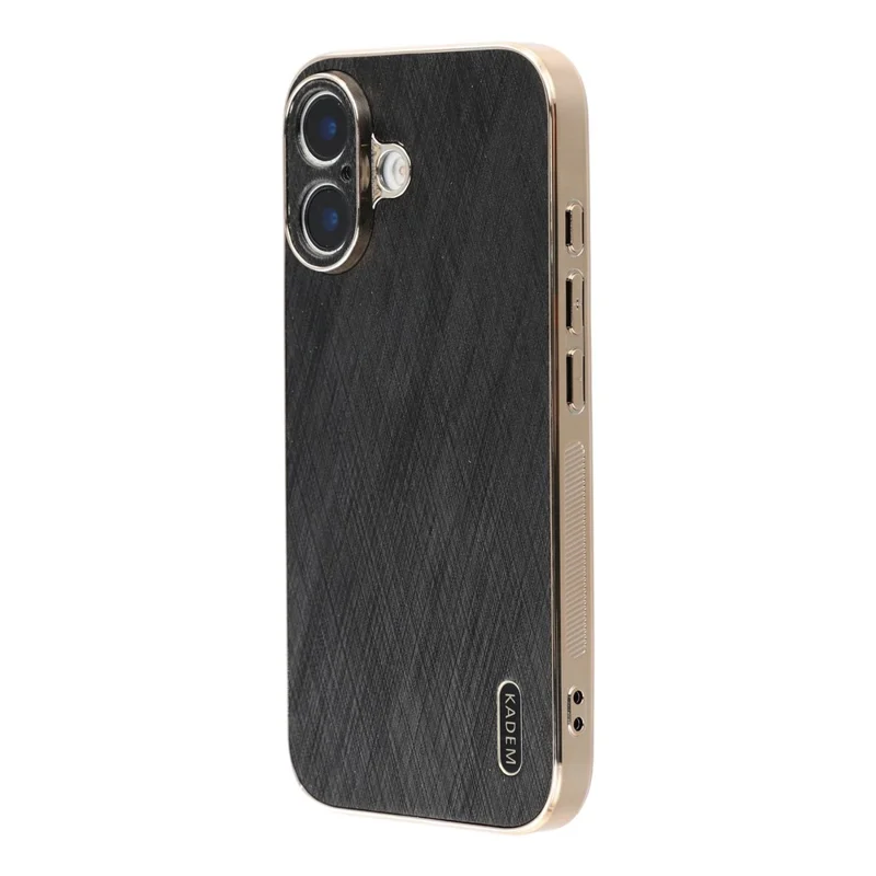 KADEM For iPhone 16 Plus Case Electroplating Silk Texture PU + TPU Phone Back Cover - Black