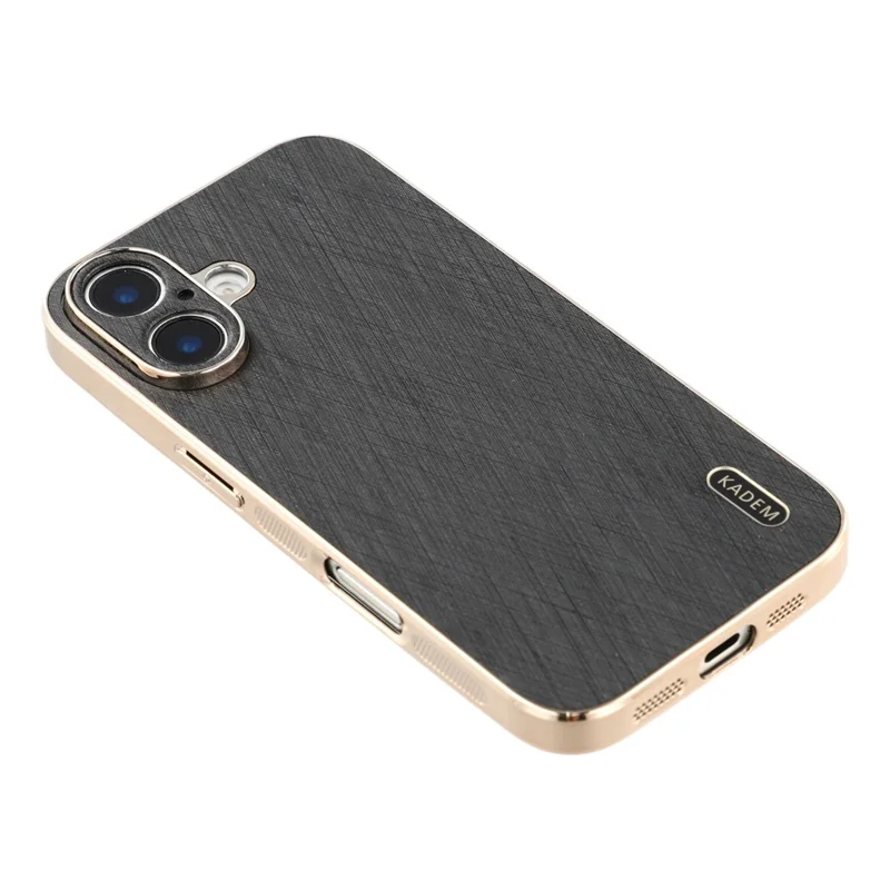 KADEM For iPhone 16 Plus Case Electroplating Silk Texture PU + TPU Phone Back Cover - Black