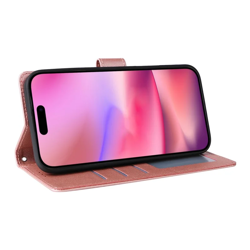 For iPhone 17 Case Wallet Stand View PU Leather Phone Cover with Wrist Strap - Rose Gold