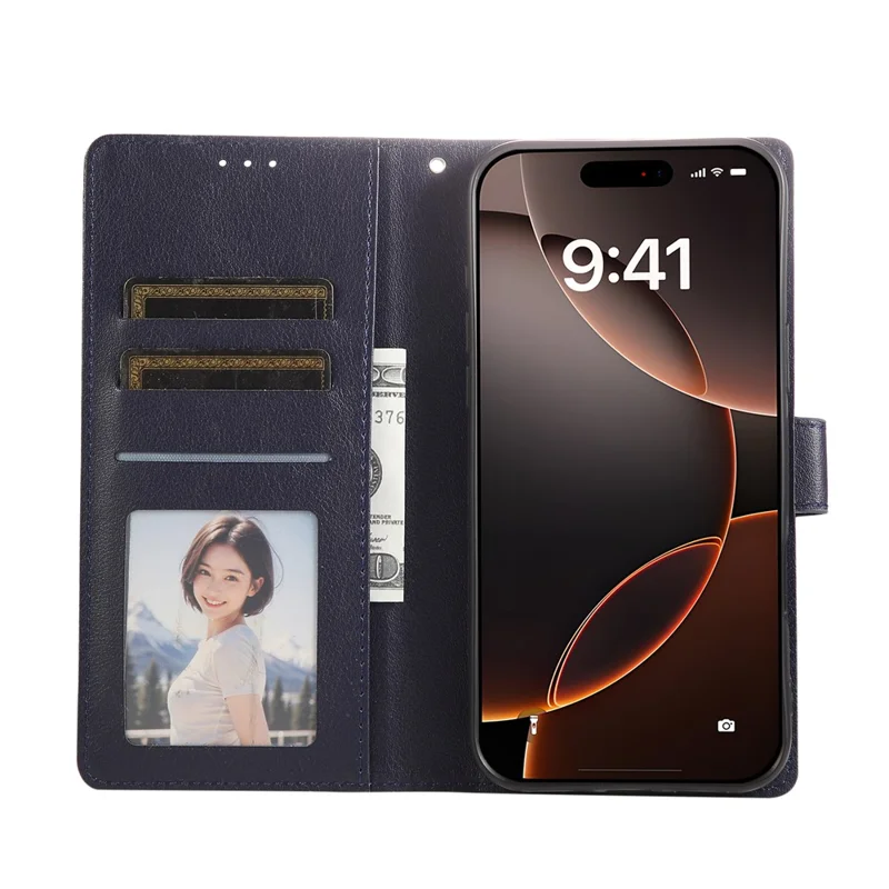 For iPhone 17 Air Case Wallet Stand View PU Leather Phone Cover with Wrist Strap - Blue