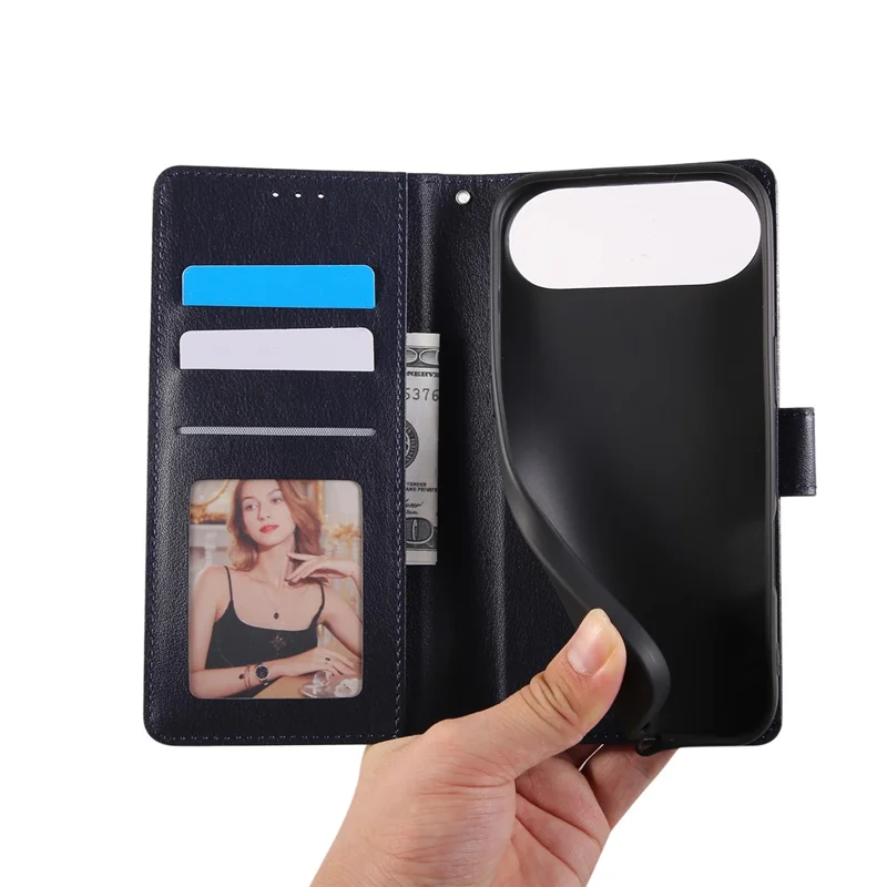 For iPhone 17 Air Case Wallet Stand View PU Leather Phone Cover with Wrist Strap - Blue