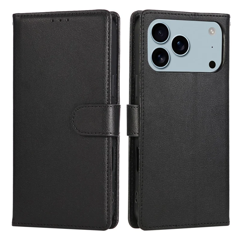 For iPhone 18 Pro / 17 Pro Case Wallet Stand View PU Leather Phone Cover with Wrist Strap - Black