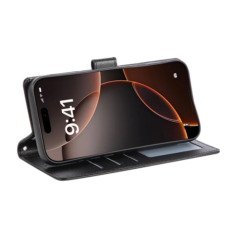 For iPhone 18 Pro / 17 Pro Case Wallet Stand View PU Leather Phone Cover with Wrist Strap - Black