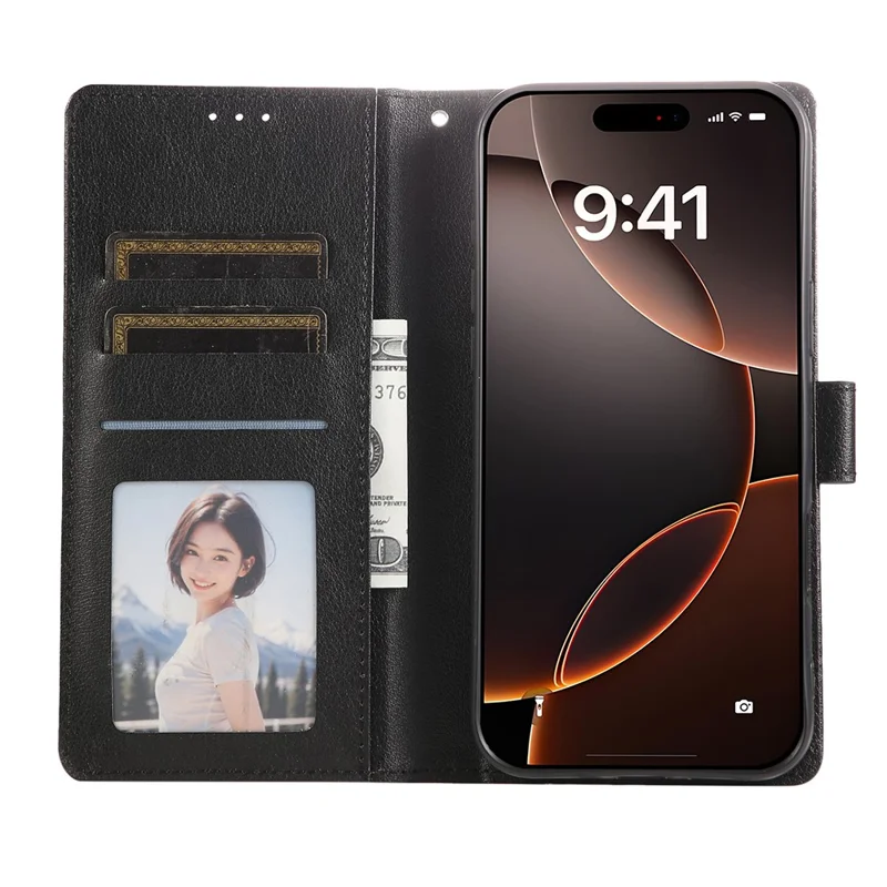 For iPhone 18 Pro / 17 Pro Case Wallet Stand View PU Leather Phone Cover with Wrist Strap - Black