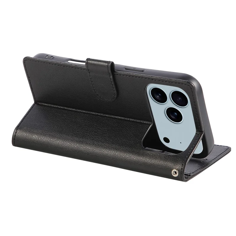 For iPhone 18 Pro / 17 Pro Case Wallet Stand View PU Leather Phone Cover with Wrist Strap - Black