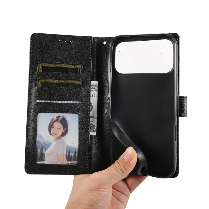 For iPhone 18 Pro / 17 Pro Case Wallet Stand View PU Leather Phone Cover with Wrist Strap - Black