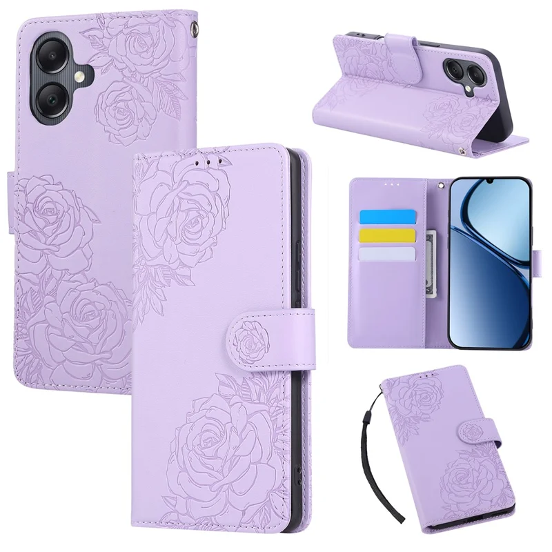 For Samsung Galaxy A07 / A07 5G / A06 4G / 5G Case Rose Flower PU Leather Wallet Phone Cover with 3 Card Slots / Wrist Strap - Light Purple