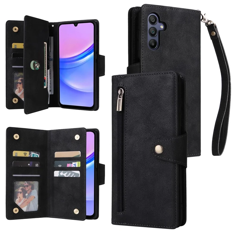 For Samsung Galaxy A17 5G Case Zipper Wallet Rivet Decor Leather Phone Cover with Wrist Strap - Black
