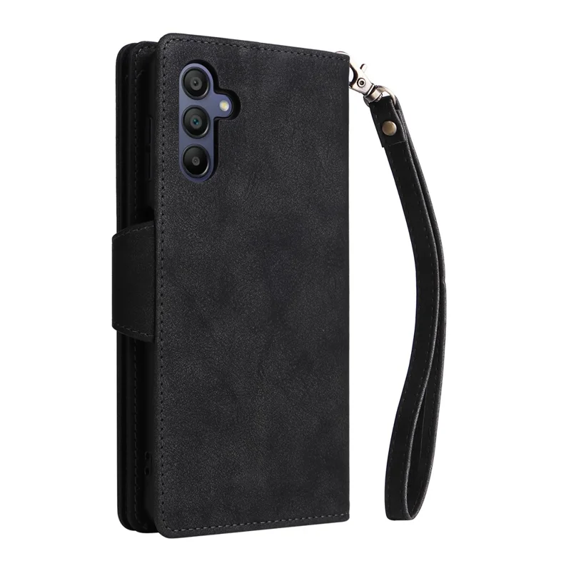 For Samsung Galaxy A17 5G Case Zipper Wallet Rivet Decor Leather Phone Cover with Wrist Strap - Black