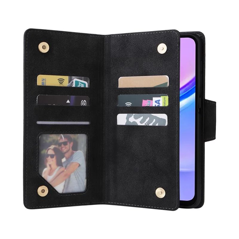 For Samsung Galaxy A17 5G Case Zipper Wallet Rivet Decor Leather Phone Cover with Wrist Strap - Black
