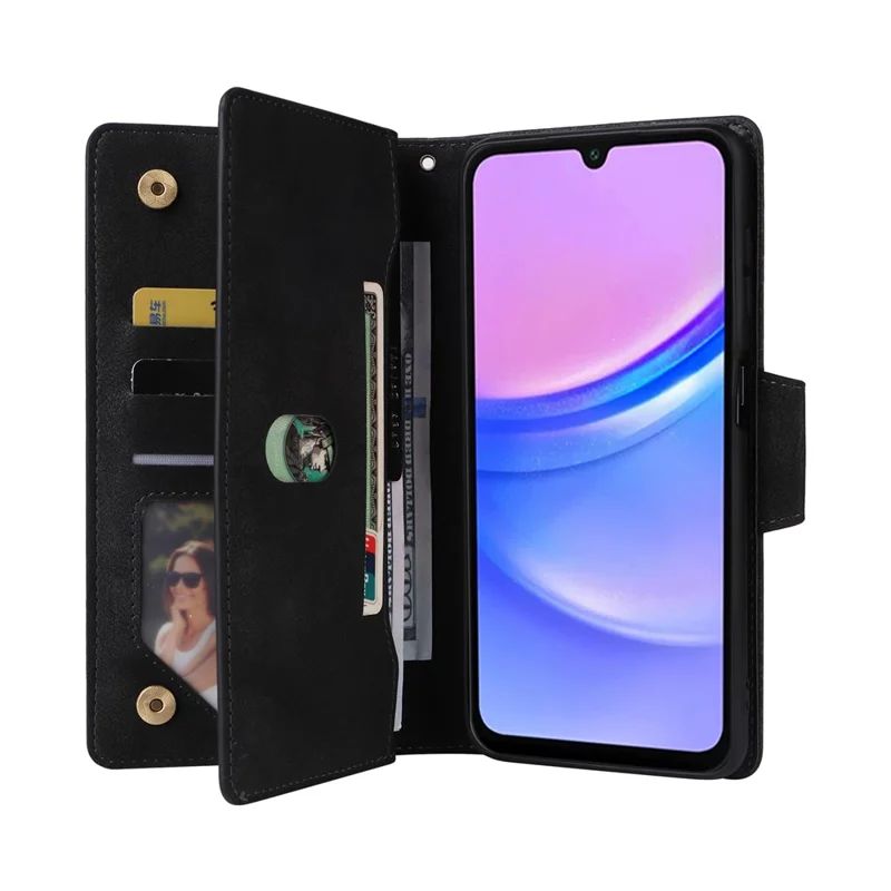 For Samsung Galaxy A17 5G Case Zipper Wallet Rivet Decor Leather Phone Cover with Wrist Strap - Black