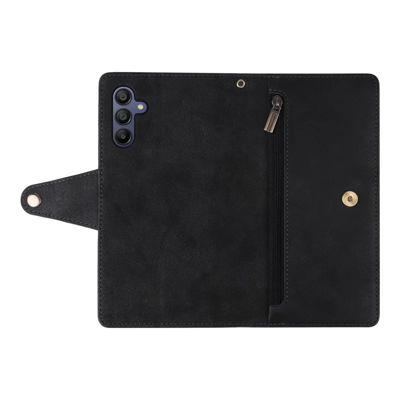 For Samsung Galaxy A17 5G Case Zipper Wallet Rivet Decor Leather Phone Cover with Wrist Strap - Black