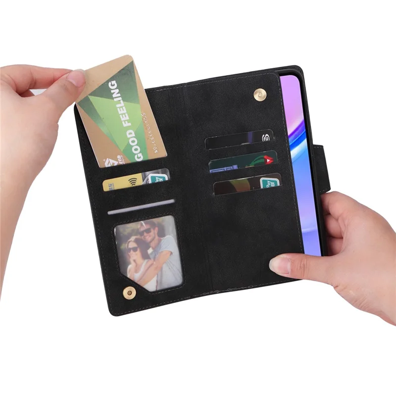 For Samsung Galaxy A17 5G Case Zipper Wallet Rivet Decor Leather Phone Cover with Wrist Strap - Black