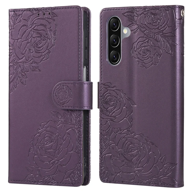 Étui pour Samsung Galaxy A17 5G / A26 5G Motif Fleur Rose en Cuir PU avec Portefeuille, 3 Emplacements pour Cartes et Dragonne - Violet Foncé