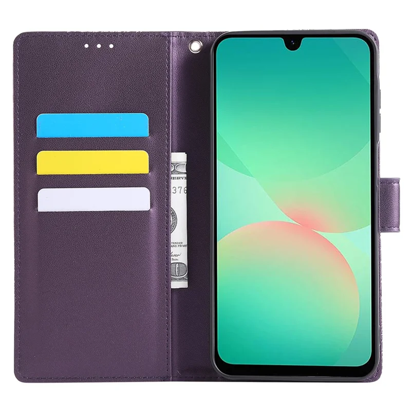 Étui pour Samsung Galaxy A17 5G / A26 5G Motif Fleur Rose en Cuir PU avec Portefeuille, 3 Emplacements pour Cartes et Dragonne - Violet Foncé