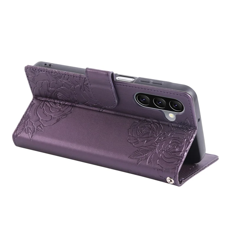 Étui pour Samsung Galaxy A17 5G / A26 5G Motif Fleur Rose en Cuir PU avec Portefeuille, 3 Emplacements pour Cartes et Dragonne - Violet Foncé