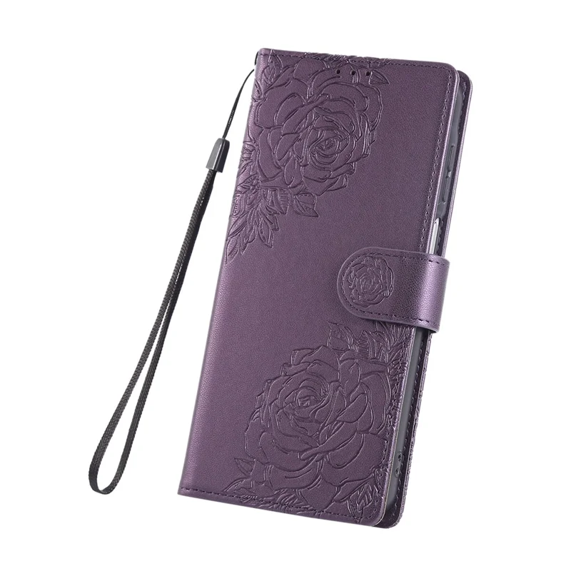 Étui pour Samsung Galaxy A17 5G / A26 5G Motif Fleur Rose en Cuir PU avec Portefeuille, 3 Emplacements pour Cartes et Dragonne - Violet Foncé