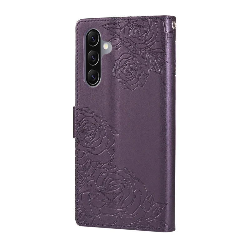Étui pour Samsung Galaxy A17 5G / A26 5G Motif Fleur Rose en Cuir PU avec Portefeuille, 3 Emplacements pour Cartes et Dragonne - Violet Foncé