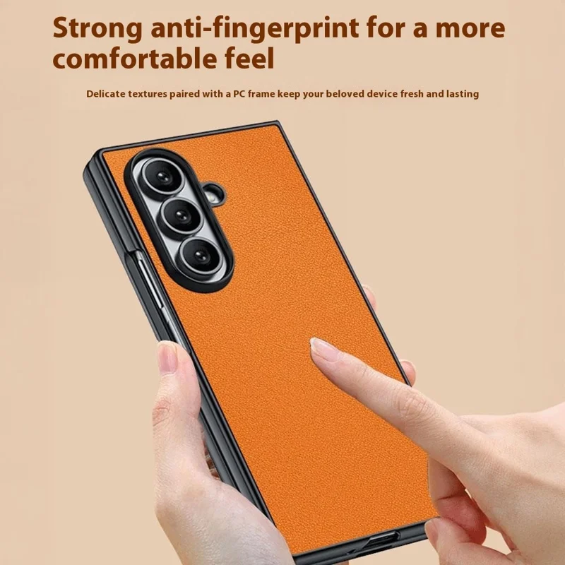 For Samsung Galaxy Z Fold7 5G Case PU Leather Coated PC Anti-Drop Folding Phone Cover - Orange