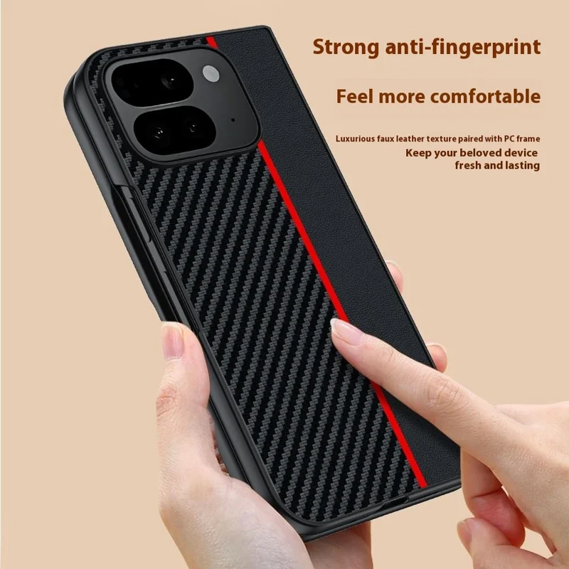 For Google Pixel 10 Pro Fold Case Carbon Fiber Texture Leather + PC Anti-Drop Folding Phone Cover - Black / Red