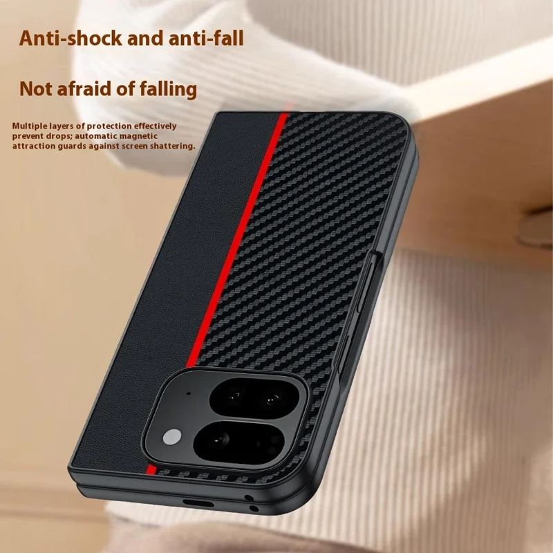 For Google Pixel 10 Pro Fold Case Carbon Fiber Texture Leather + PC Anti-Drop Folding Phone Cover - Black / Red