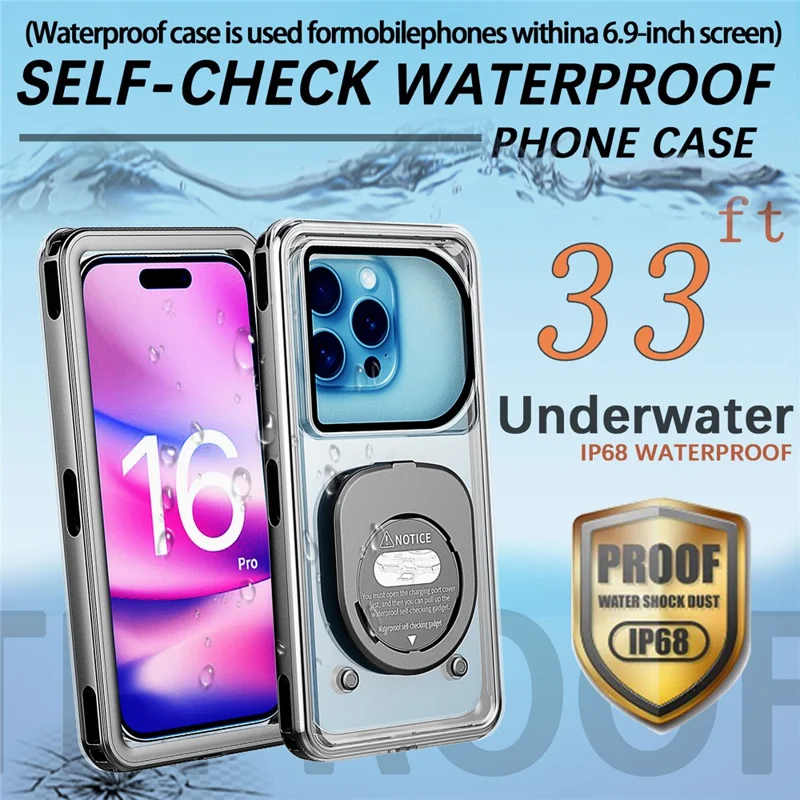 Bulk Purchasing For iPhone 16 Pro Max IP68 Waterproof Case Underwater Touch Screen Phone Cover Dustproof Snowproof - Black