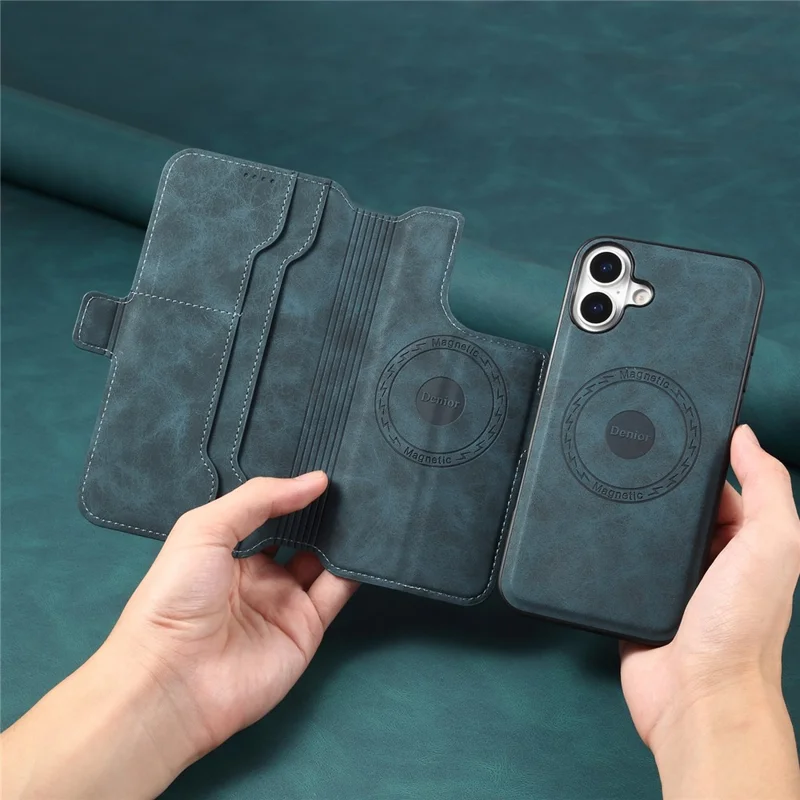 DENIOR B06 For iPhone 16 Case Magnetic Detachable Wallet Stand Leather + TPU Phone Cover - Blue