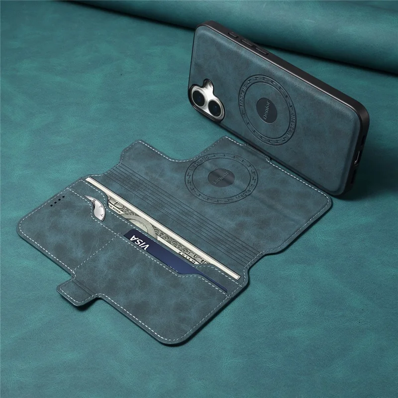 DENIOR B06 For iPhone 16 Case Magnetic Detachable Wallet Stand Leather + TPU Phone Cover - Blue