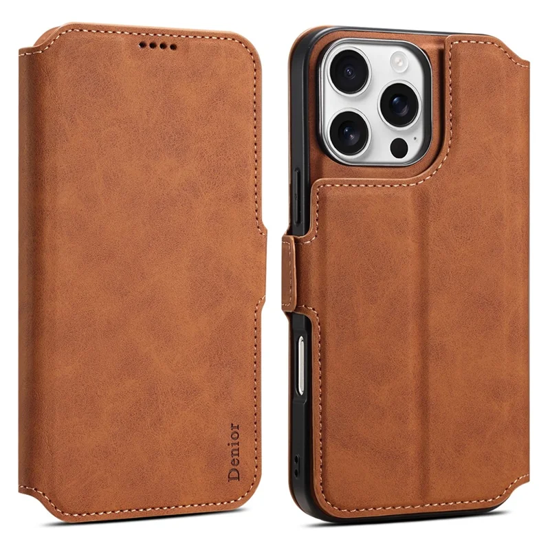 DENIOR B06 For iPhone 16 Pro Case Magnetic Detachable Wallet Stand Leather + TPU Phone Cover - Brown