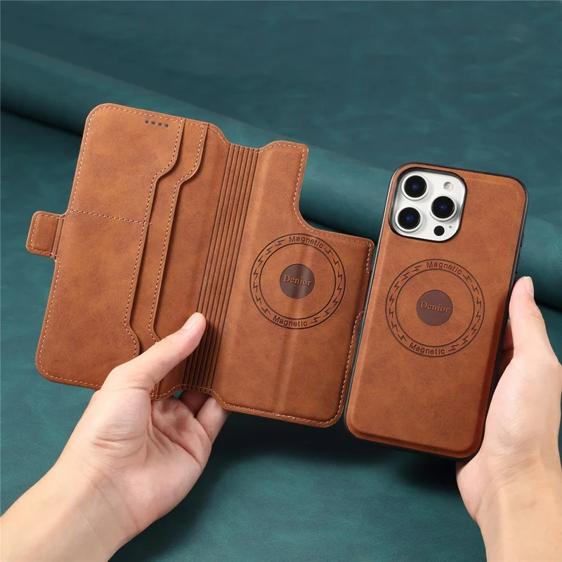 DENIOR B06 For iPhone 16 Pro Case Magnetic Detachable Wallet Stand Leather + TPU Phone Cover - Brown