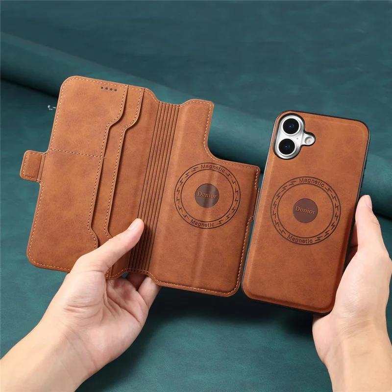 DENIOR B06 Capa para iPhone 16 Plus Carteira Magnética Destacável Suporte de Couro - Marrom