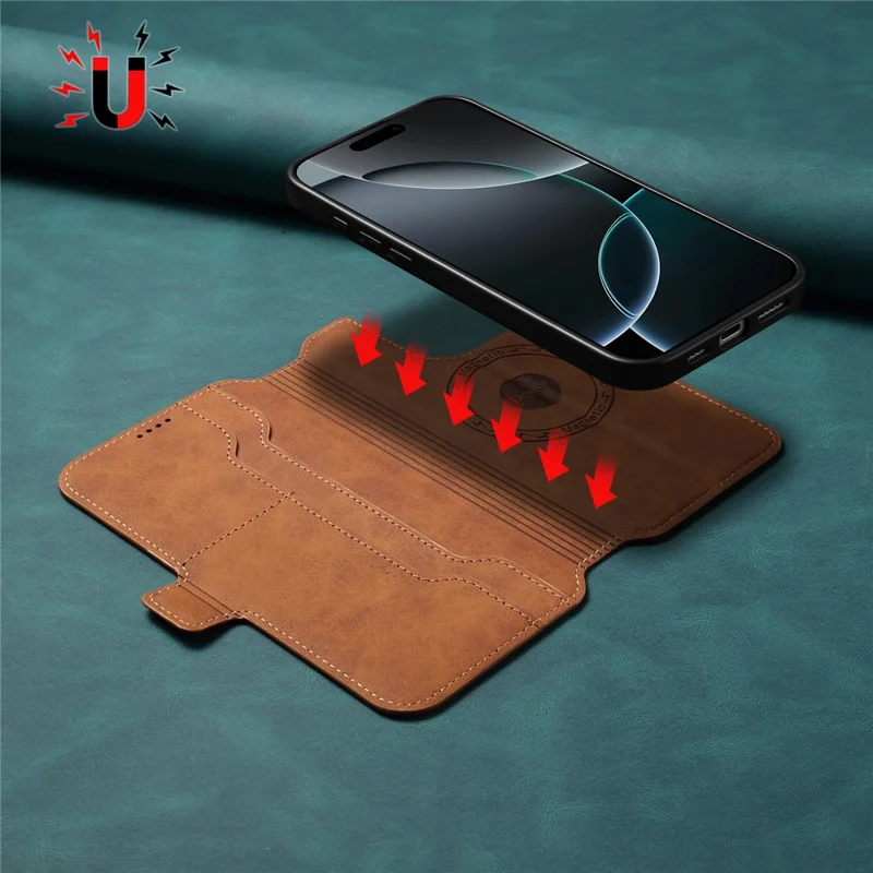 DENIOR B06 Capa para iPhone 16 Plus Carteira Magnética Destacável Suporte de Couro - Marrom