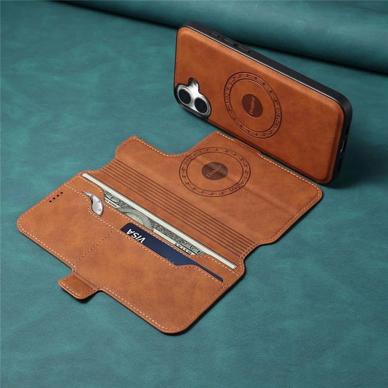 DENIOR B06 Capa para iPhone 16 Plus Carteira Magnética Destacável Suporte de Couro - Marrom