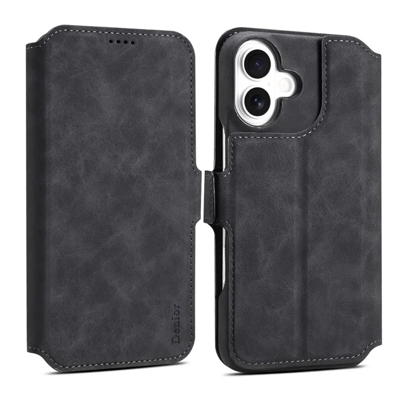 DENIOR B07 For iPhone 16 Case Leather + PC Magnetic Detachable Wallet Phone Cover - Black