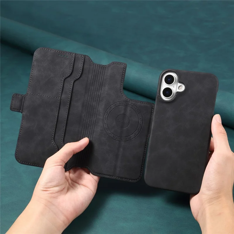 DENIOR B07 For iPhone 16 Case Leather + PC Magnetic Detachable Wallet Phone Cover - Black