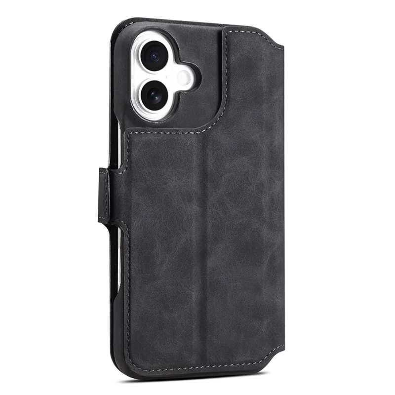 DENIOR B07 For iPhone 16 Case Leather + PC Magnetic Detachable Wallet Phone Cover - Black
